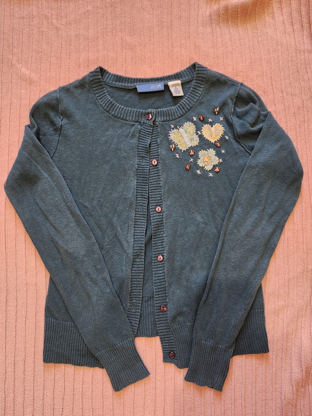dELiA*s Teal Cardigan with Embroidered Hearts & Floral Appliqués